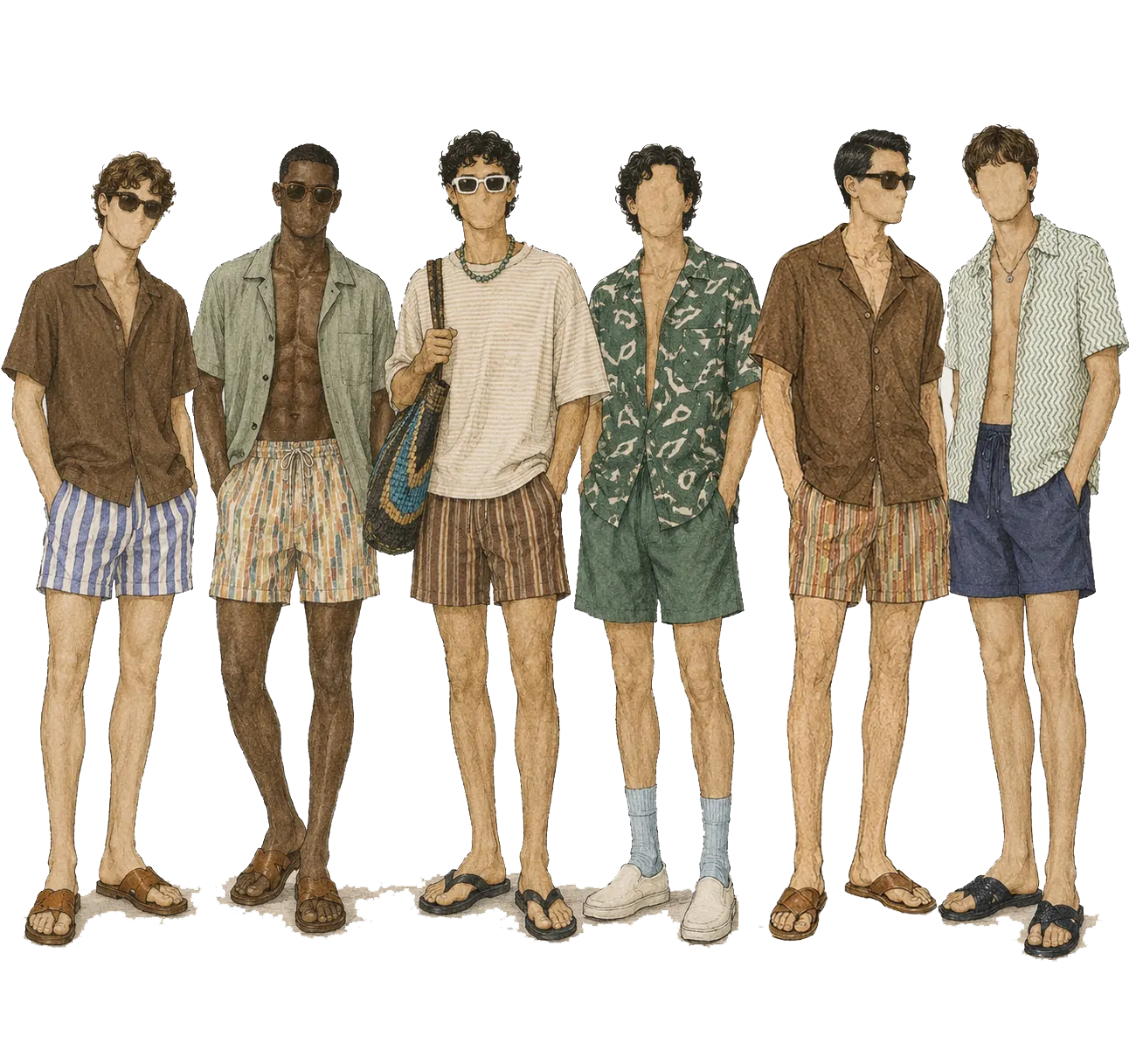 Six faceless men in open camp-collar shirts over printed and striped swim shorts, with sandals, flip-flops and a crochet shoulder bag