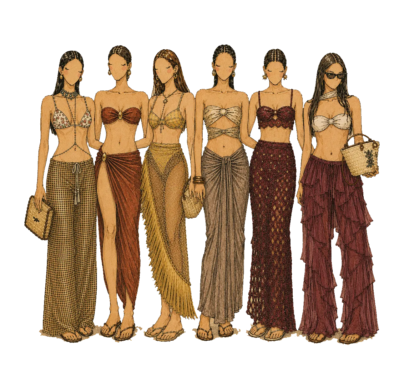 Six faceless women in bikini and bandeau tops with sarongs, wrap maxis and wide trousers in ochre, rust and burgundy, carrying basket bags