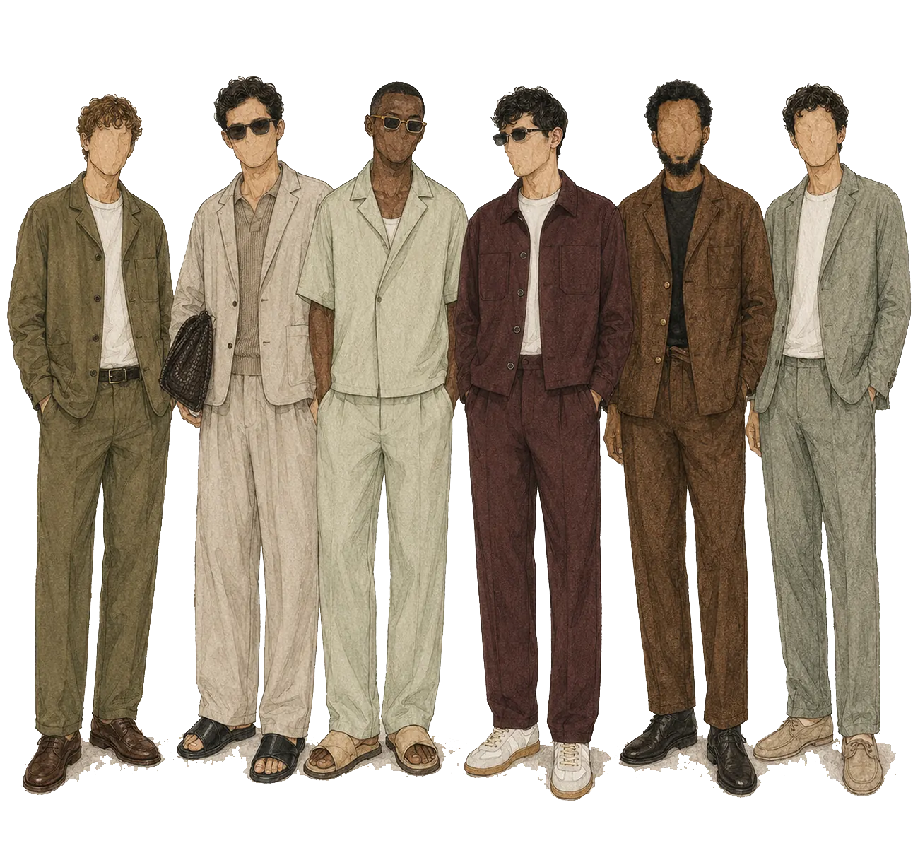 Six faceless men in relaxed suiting and shirt-jackets in olive, stone, sage, burgundy and brown, worn open-collar