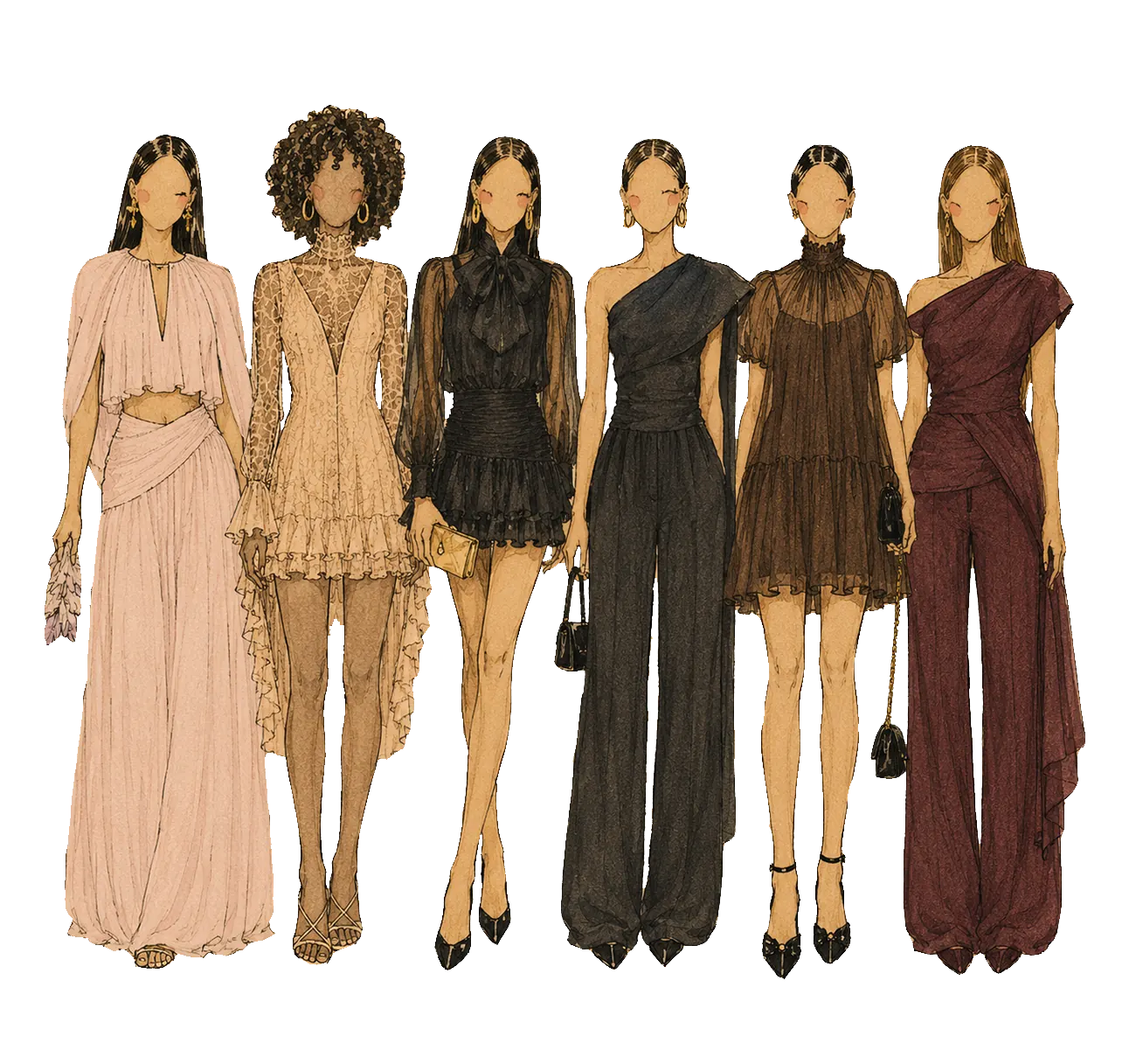 Six faceless women in evening looks: a blush cape gown, a lace mini, a sheer black ruffled dress, a one-shoulder drape, and burgundy wide-leg trousers