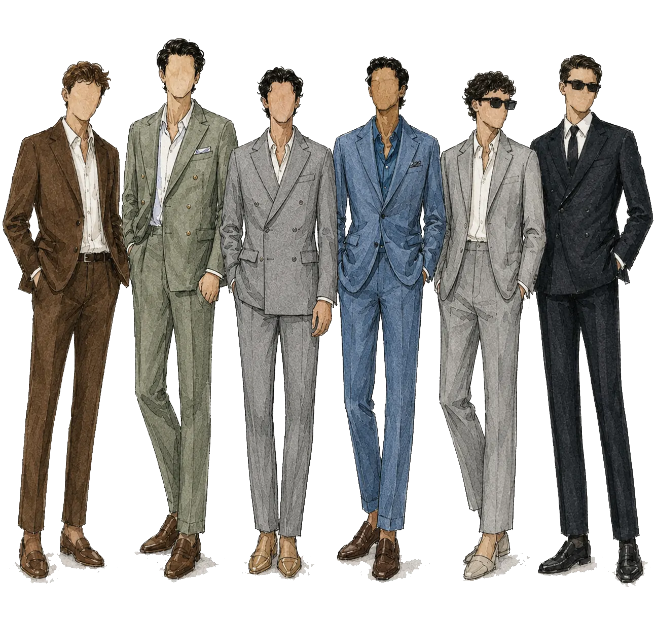 Six faceless men in tailored suits: chocolate, sage double-breasted, grey double-breasted, steel blue, light grey, and a black double-breasted worn with a tie