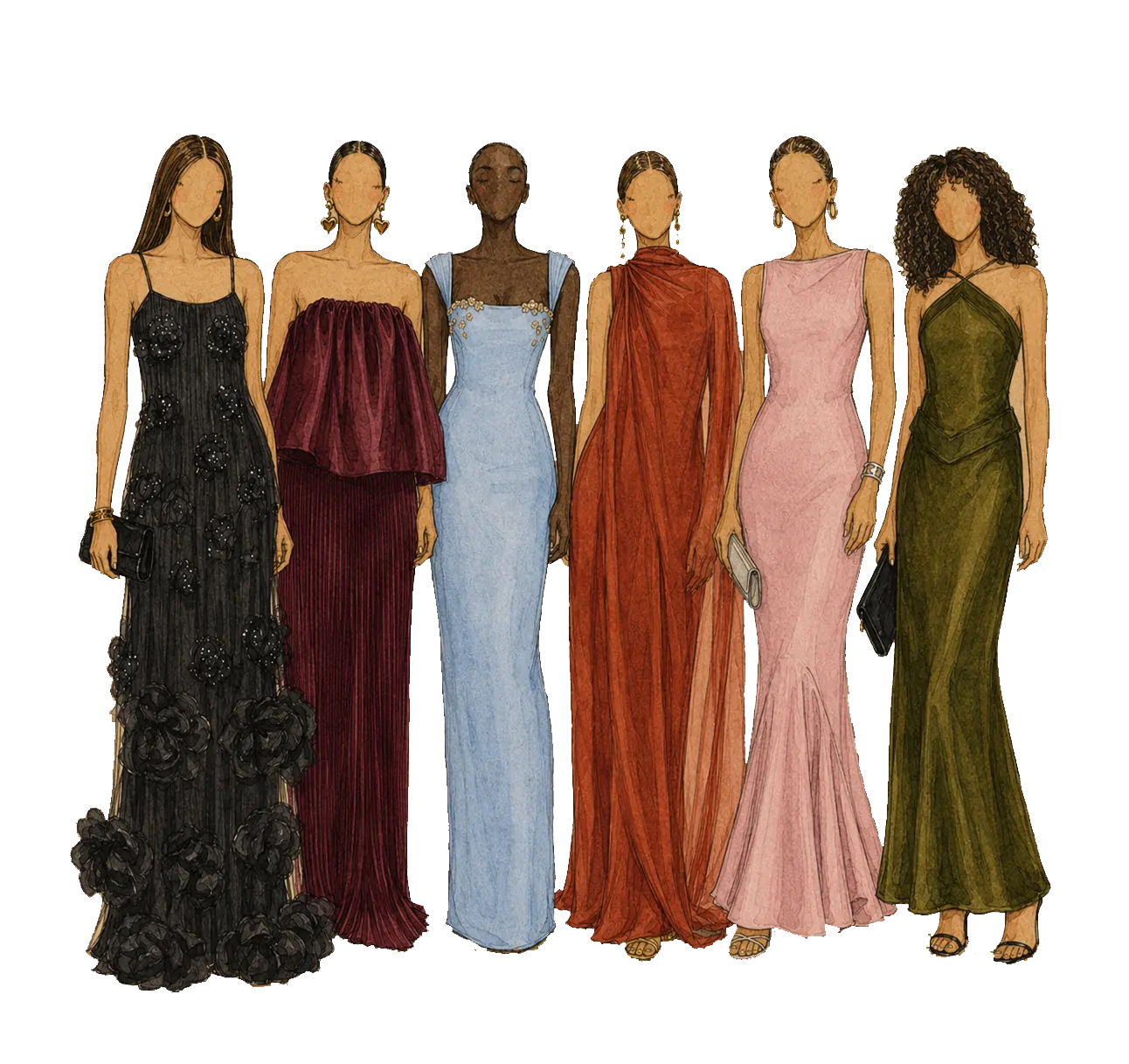 Six faceless women in floor-length gowns: black rosette, burgundy pleated, pale blue column, terracotta drape, pink mermaid and olive halter