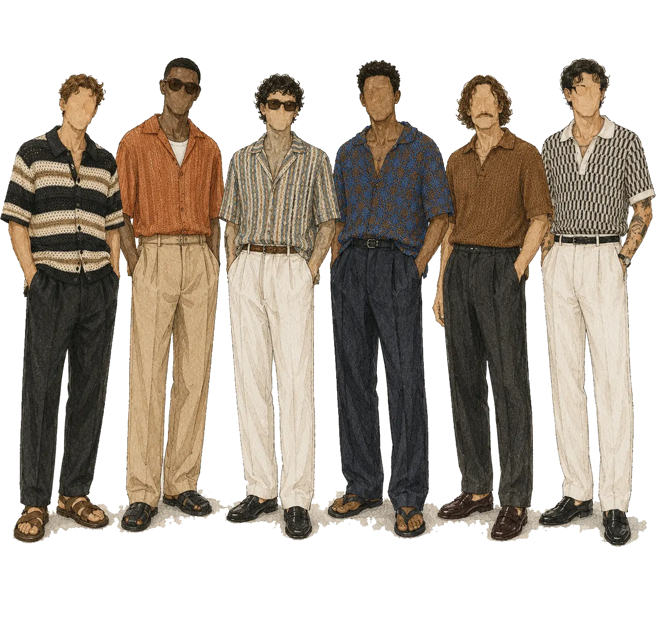 Six faceless men in retro knit and camp-collar shirts, striped and printed, with pleated trousers in black, camel, cream and navy, worn with loafers and sandals