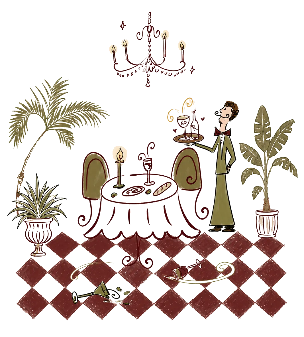 Line drawing of a hotel dining room: a chandelier hangs over a candlelit table for two laid with wine, olives and bread, a waiter in an olive suit carries a tray of coupes and a monogrammed bottle, potted palms stand either side, and two toppled glasses lie on a burgundy and cream harlequin floor