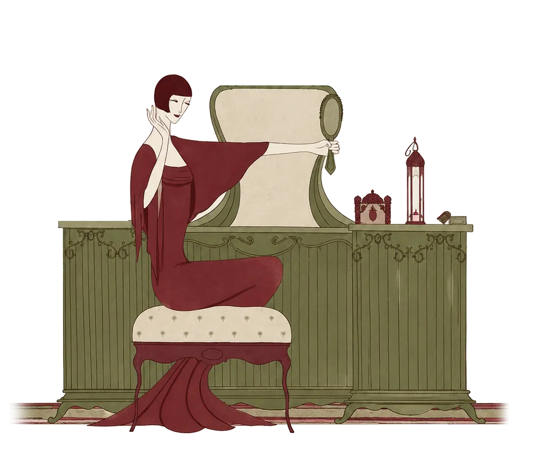 A woman in a burgundy gown sits at a long green vanity, holding up a hand mirror, with a lantern and a jewel box on the top beside her