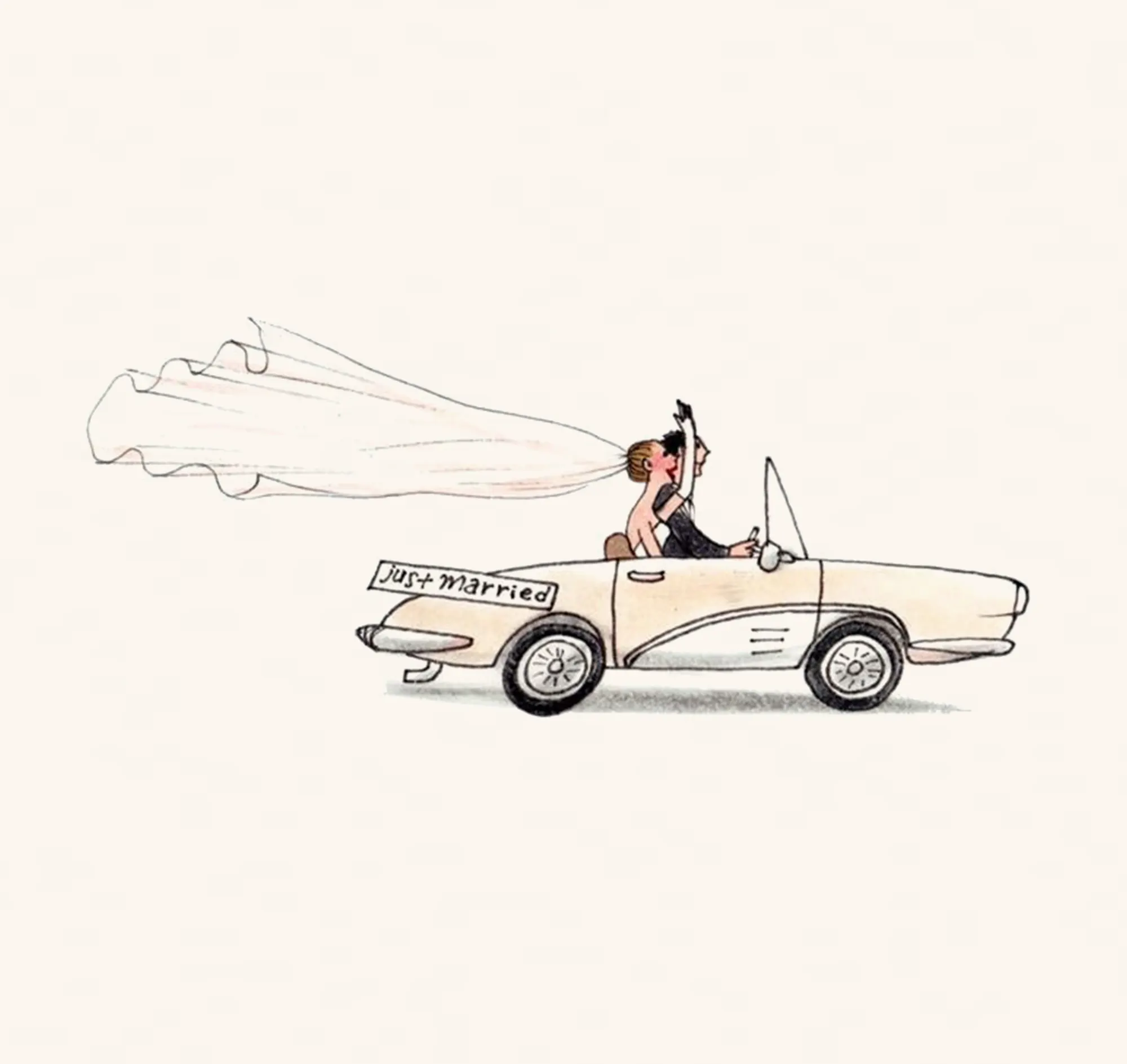 Bride and groom driving off in a cream convertible with a just married plate, her veil streaming behind