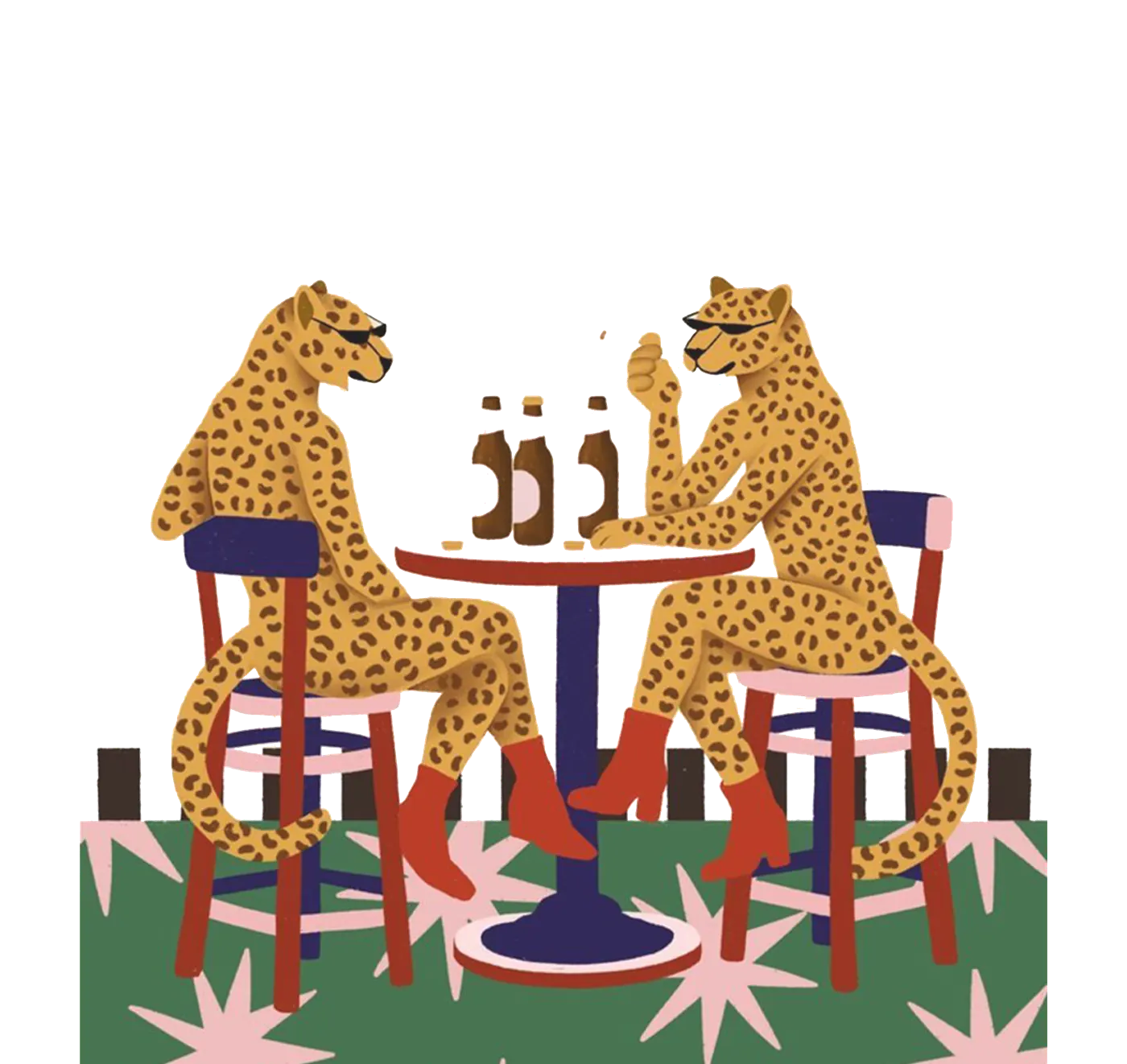 Two leopards in sunglasses and red heeled boots sitting at a bistro table with beer bottles, one holding a cigarette, on a green rug scattered with pink starbursts