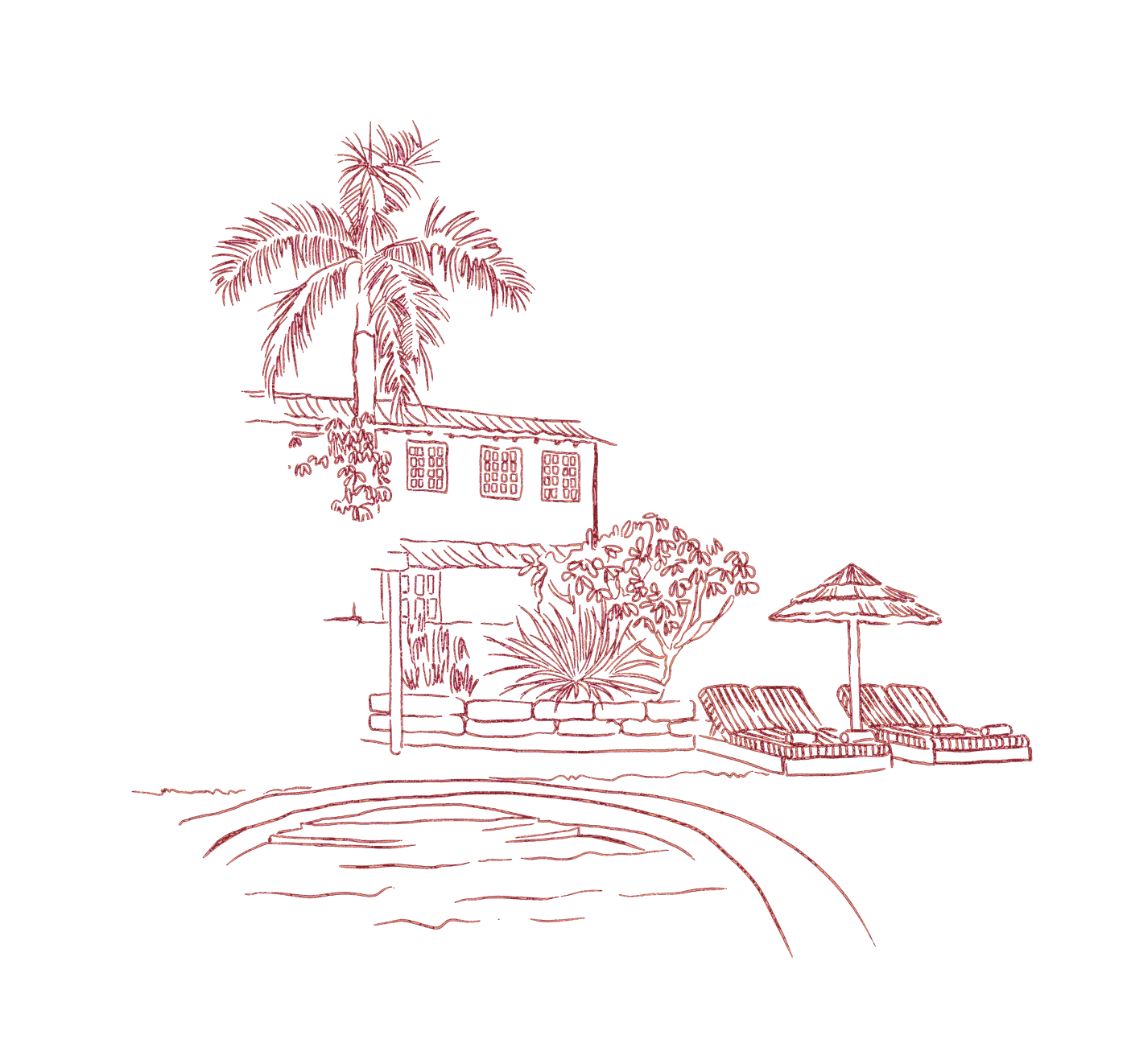 Pink line drawing of a resort villa with a palm, an agave, a fringed parasol and striped loungers along a pool edge