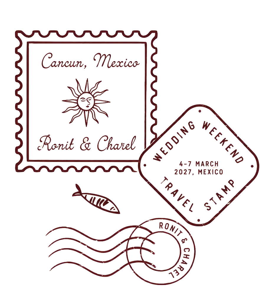 Hand-drawn postal marks in burgundy: a scallop-edged stamp with a sun, reading Cancun, Mexico and Ronit & Charel; a diamond travel stamp for the wedding weekend, dated 4 to 7 March 2027; and a wavy postmark circling Ronit & Charel beside a small fish